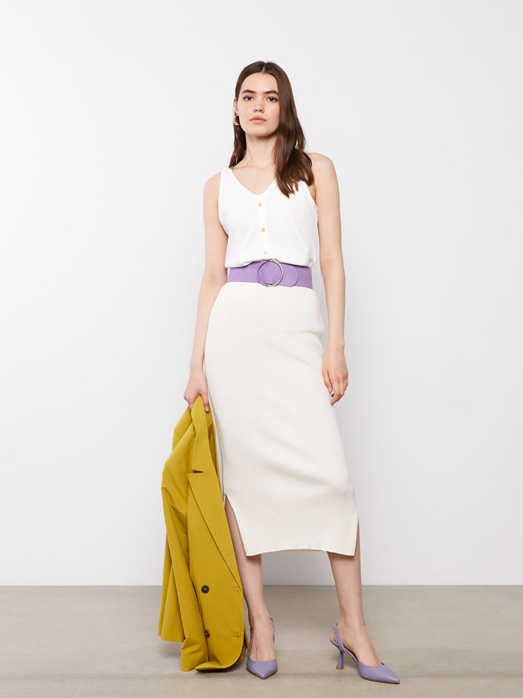 Ekru Kadın Beli Lastikli Düz Triko Etek-2