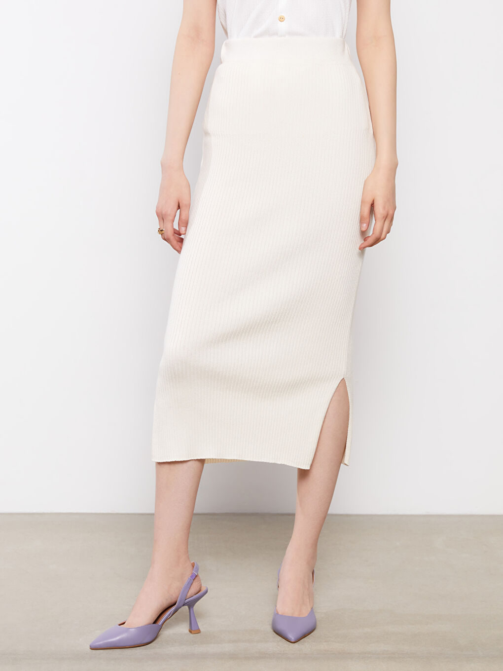 Ekru Kadın Beli Lastikli Düz Triko Etek-4