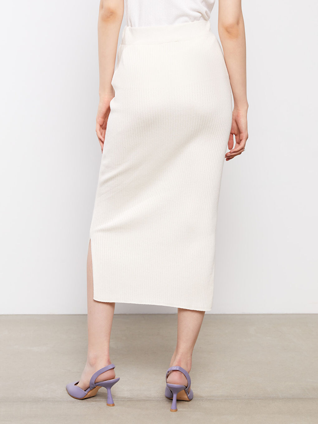 Ekru Kadın Beli Lastikli Düz Triko Etek-5