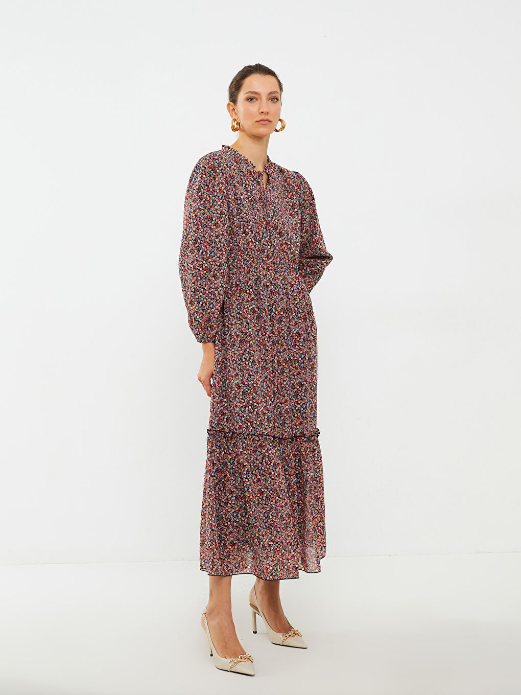 LCWAIKIKI Classic Tie Neck Patterned Long Sleeve Chiffon Women's Dress -S2HE80Z8-F9C