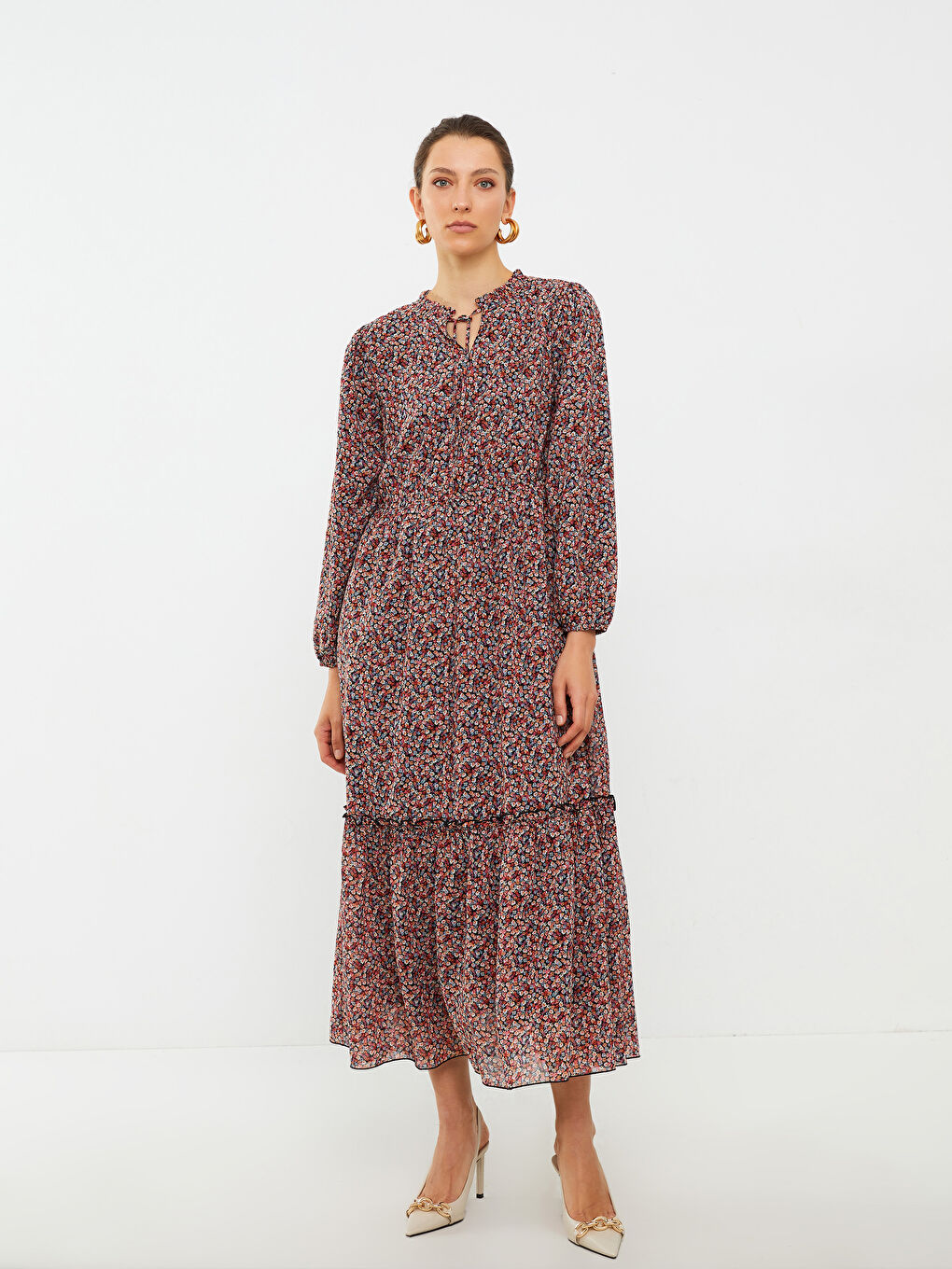 LCWAIKIKI Classic Tie Neck Patterned Long Sleeve Chiffon Women's Dress -S2HE80Z8-F9C