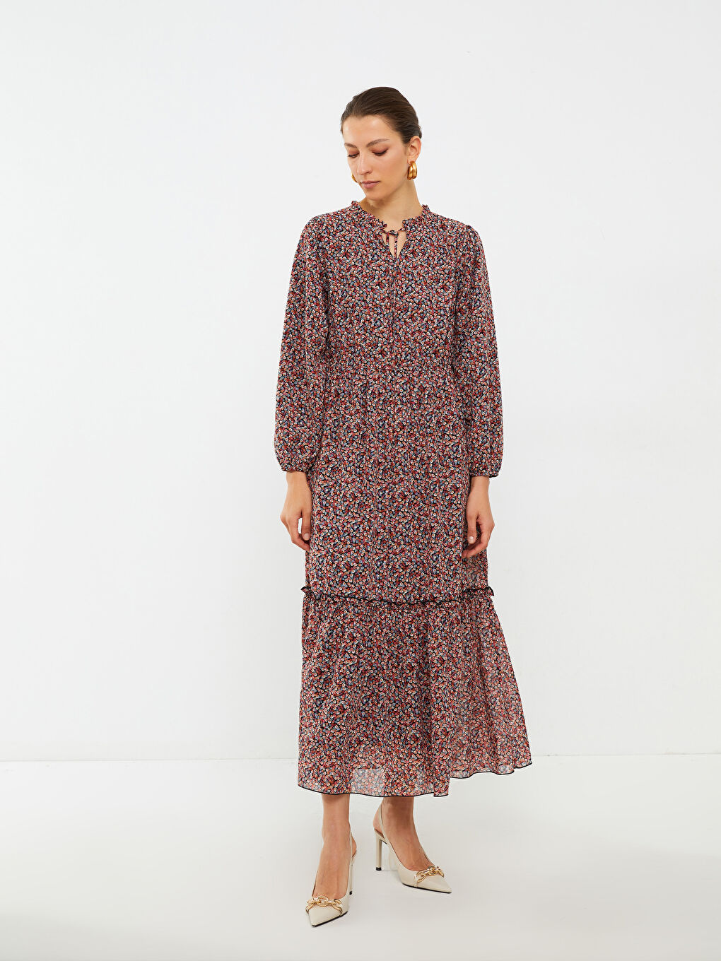 LCWAIKIKI Classic Tie Neck Patterned Long Sleeve Chiffon Women's Dress -S2HE80Z8-F9C