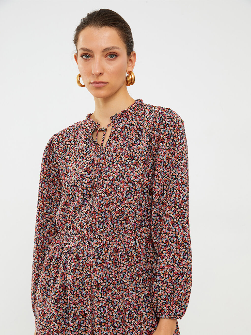 LCWAIKIKI Classic Tie Neck Patterned Long Sleeve Chiffon Women's Dress -S2HE80Z8-F9C