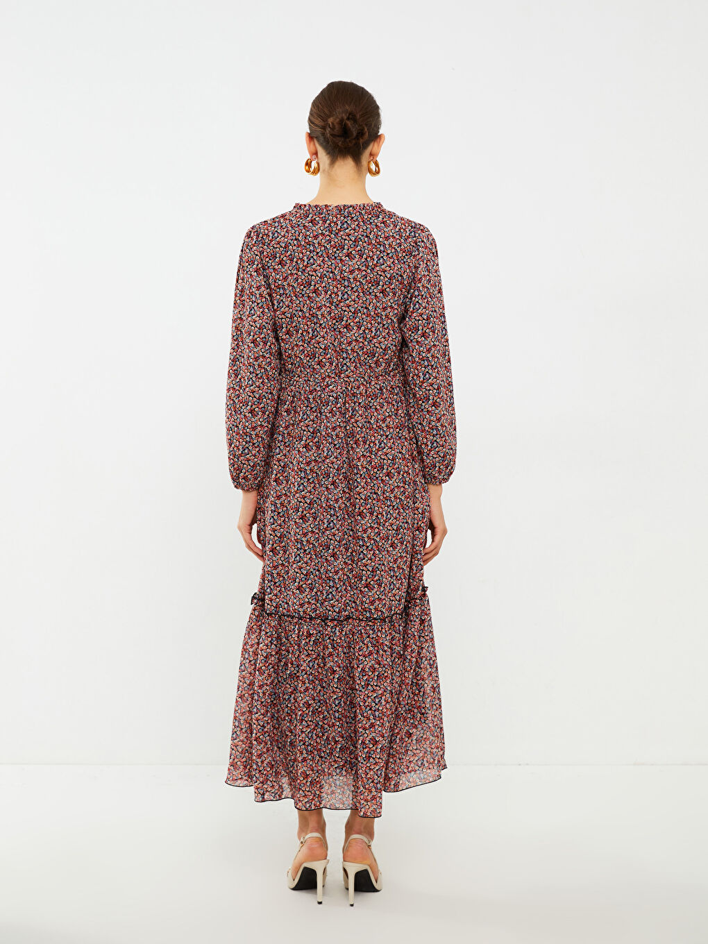 LCWAIKIKI Classic Tie Neck Patterned Long Sleeve Chiffon Women's Dress -S2HE80Z8-F9C