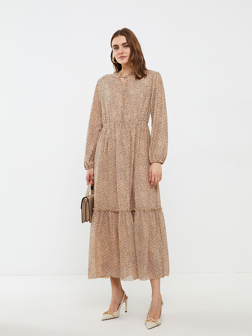 LCWAIKIKI Classic Robe à Manches Longues à Motif avec Col Lavallière pour Femmes -S2HE80Z8-LQB
