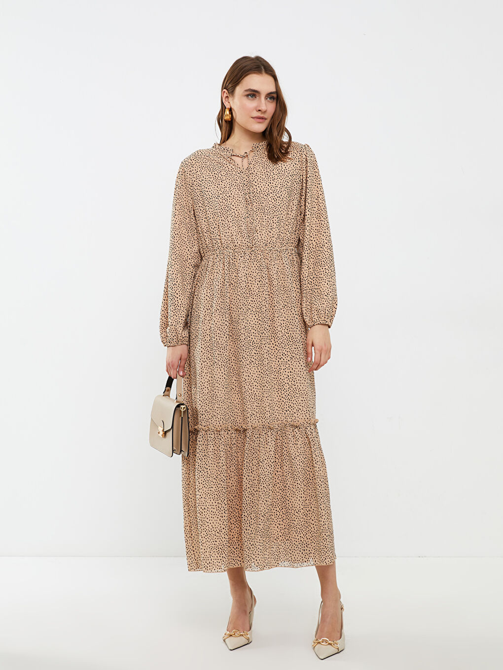 LCWAIKIKI Classic Robe à Manches Longues à Motif avec Col Lavallière pour Femmes -S2HE80Z8-LQB