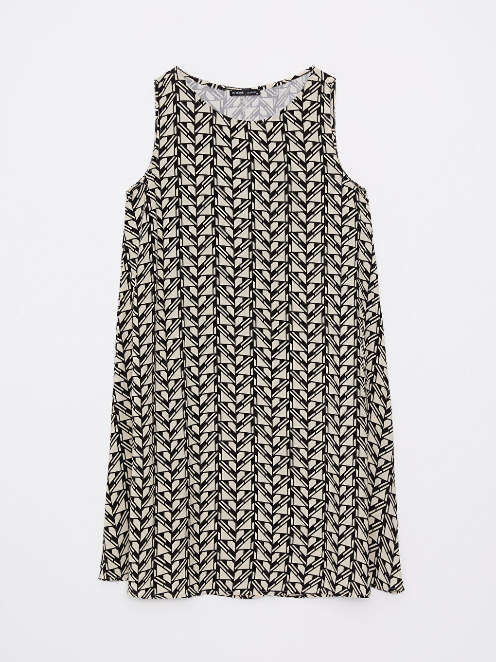 Siyah Bisiklet Yaka Desenli Kolsuz A Kesim Viskon Kadın Elbise-5