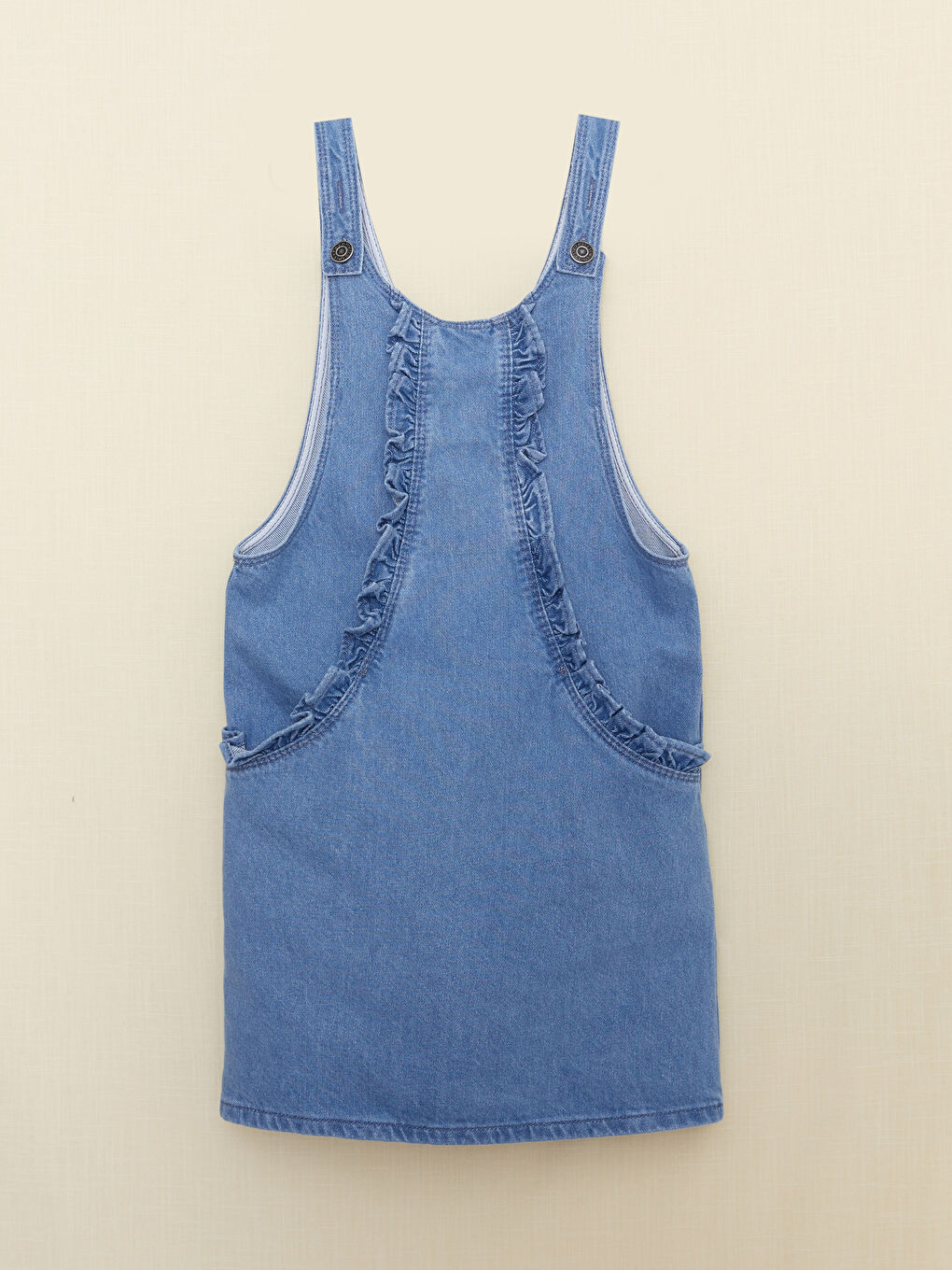 LCW Kids Indigo U Yaka Fırfır Detaylı Kız Çocuk Jean Salopet Elbise