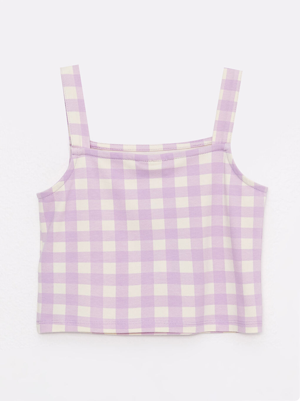 Square Collar Plaid Strap Cotton Girls' Singlet-1