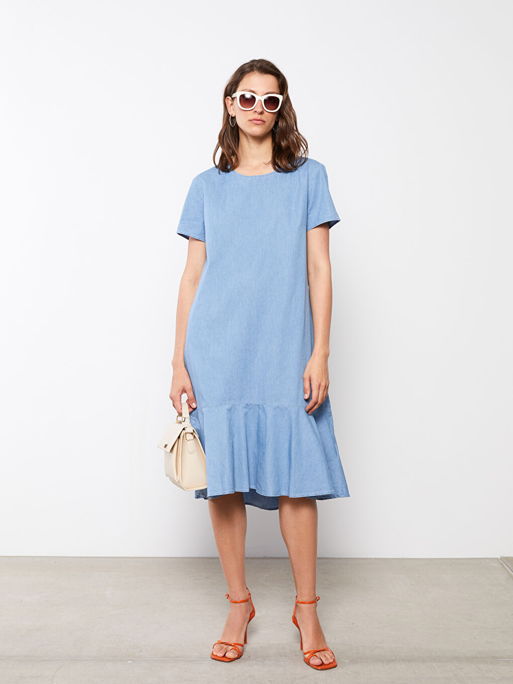 Crew Neck Plain Short Sleeve Women's Denim Dress -S2HG28Z8-315