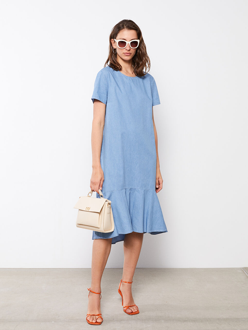 Crew Neck Plain Short Sleeve Women's Denim Dress -S2HG28Z8-315