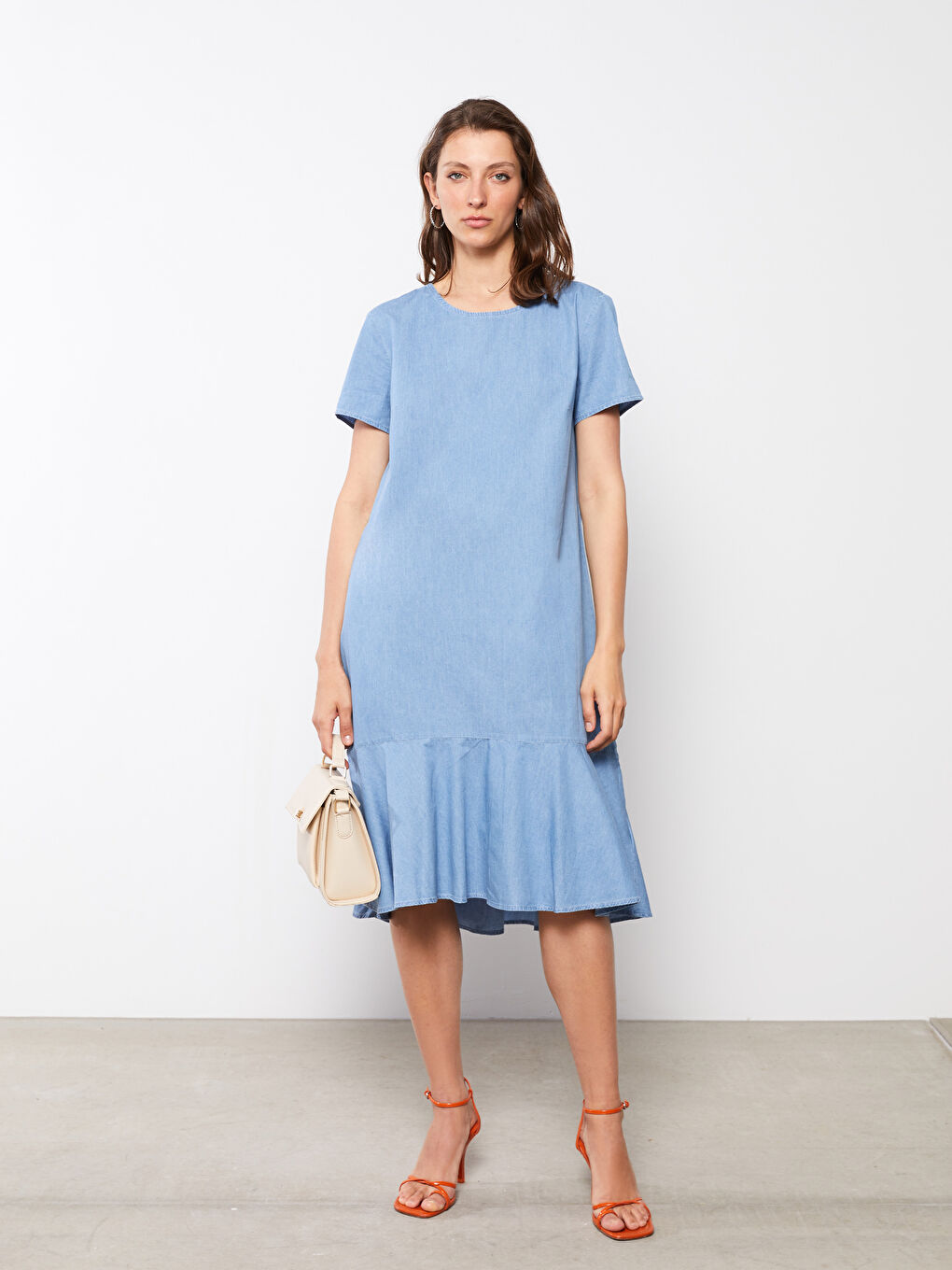 Crew Neck Plain Short Sleeve Women's Denim Dress -S2HG28Z8-315