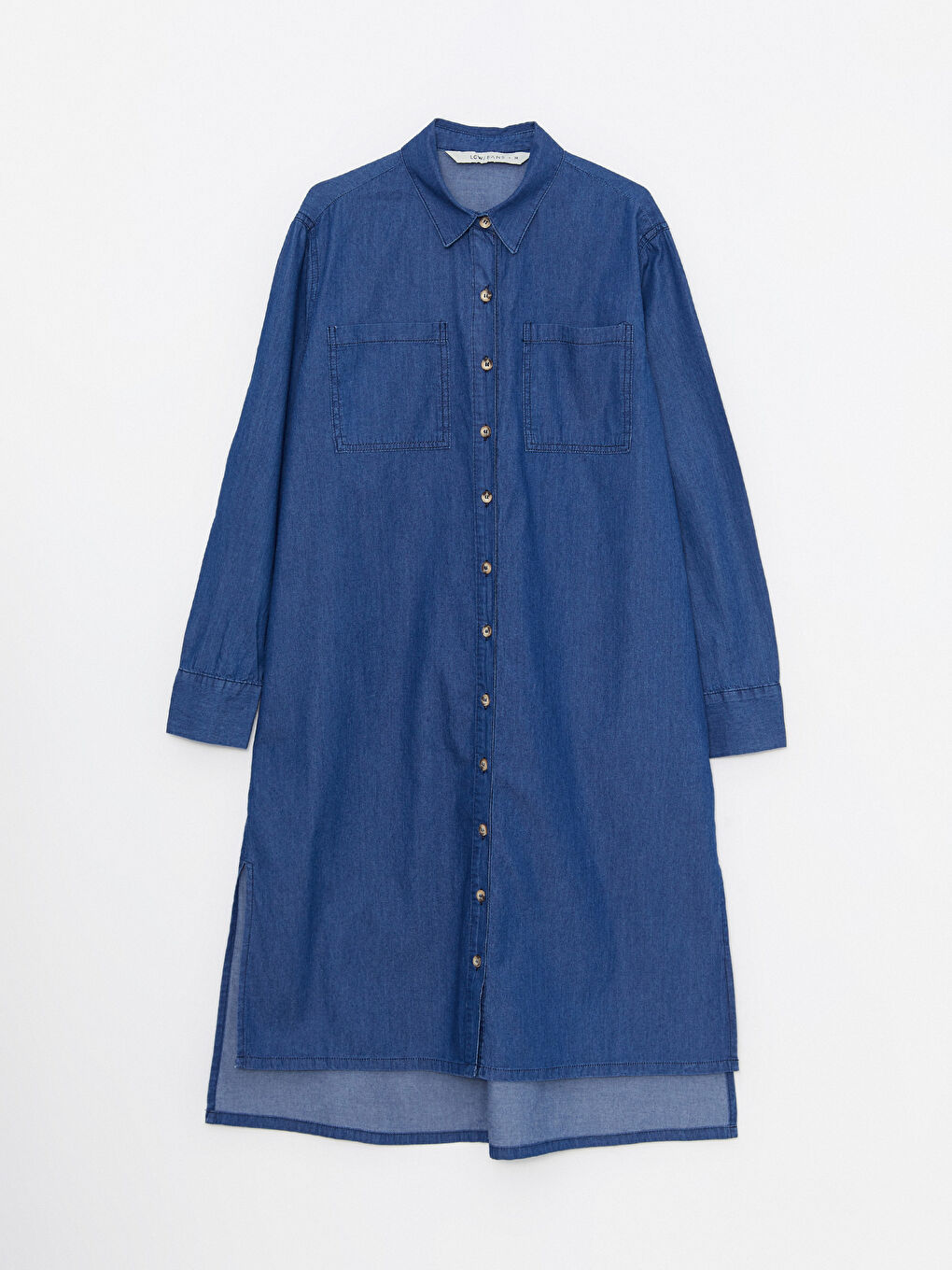 Mavi Gömlek Yaka Düz Uzun Kollu Kadın Jean Tunik-5