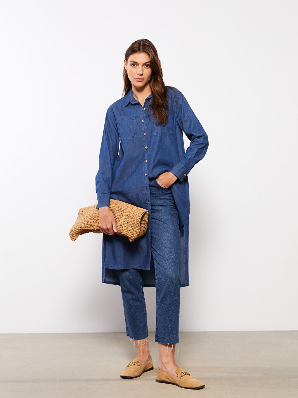Mavi Gömlek Yaka Düz Uzun Kollu Kadın Jean Tunik