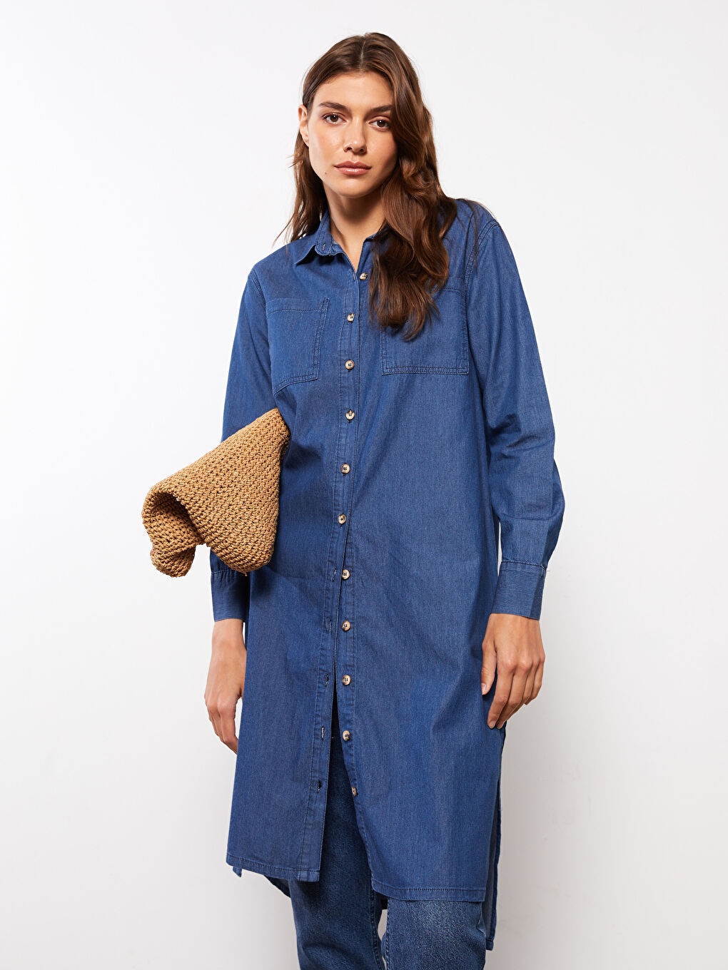 Mavi Gömlek Yaka Düz Uzun Kollu Kadın Jean Tunik-1