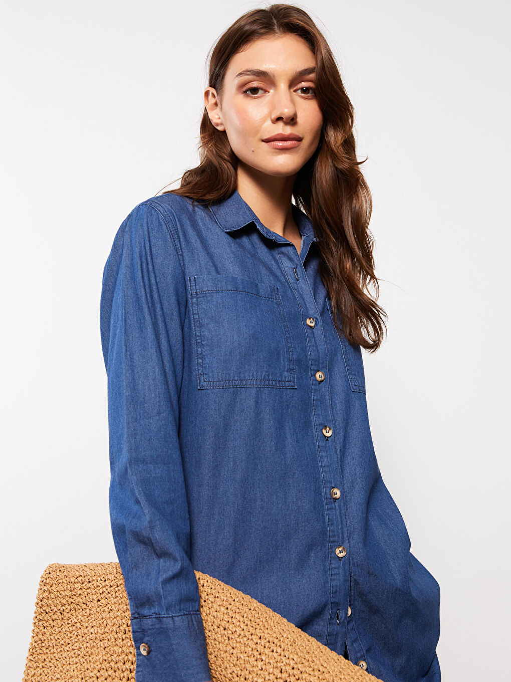 Mavi Gömlek Yaka Düz Uzun Kollu Kadın Jean Tunik-2