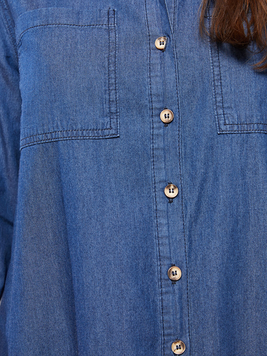 Mavi Gömlek Yaka Düz Uzun Kollu Kadın Jean Tunik-3