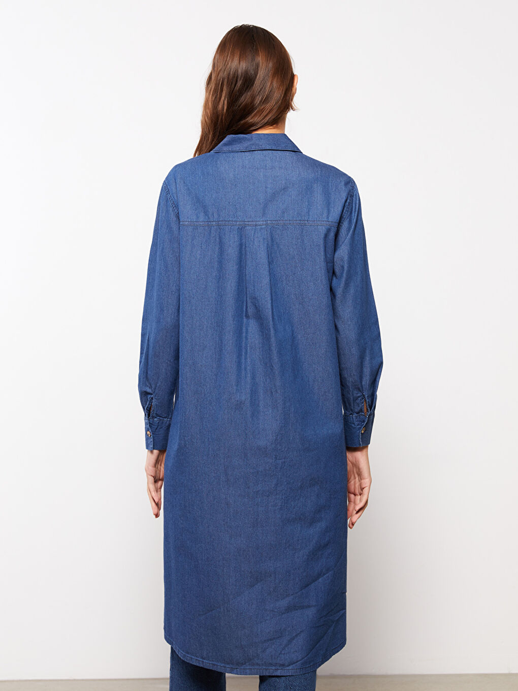 Mavi Gömlek Yaka Düz Uzun Kollu Kadın Jean Tunik-4
