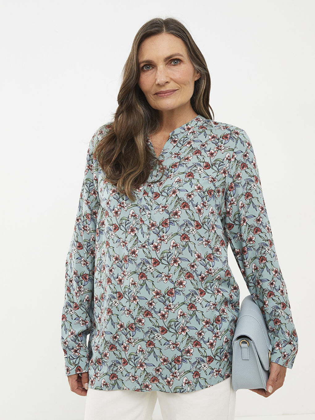 Encolure Henley Fleur Manches Longues Viscose Blouse pour Femmes