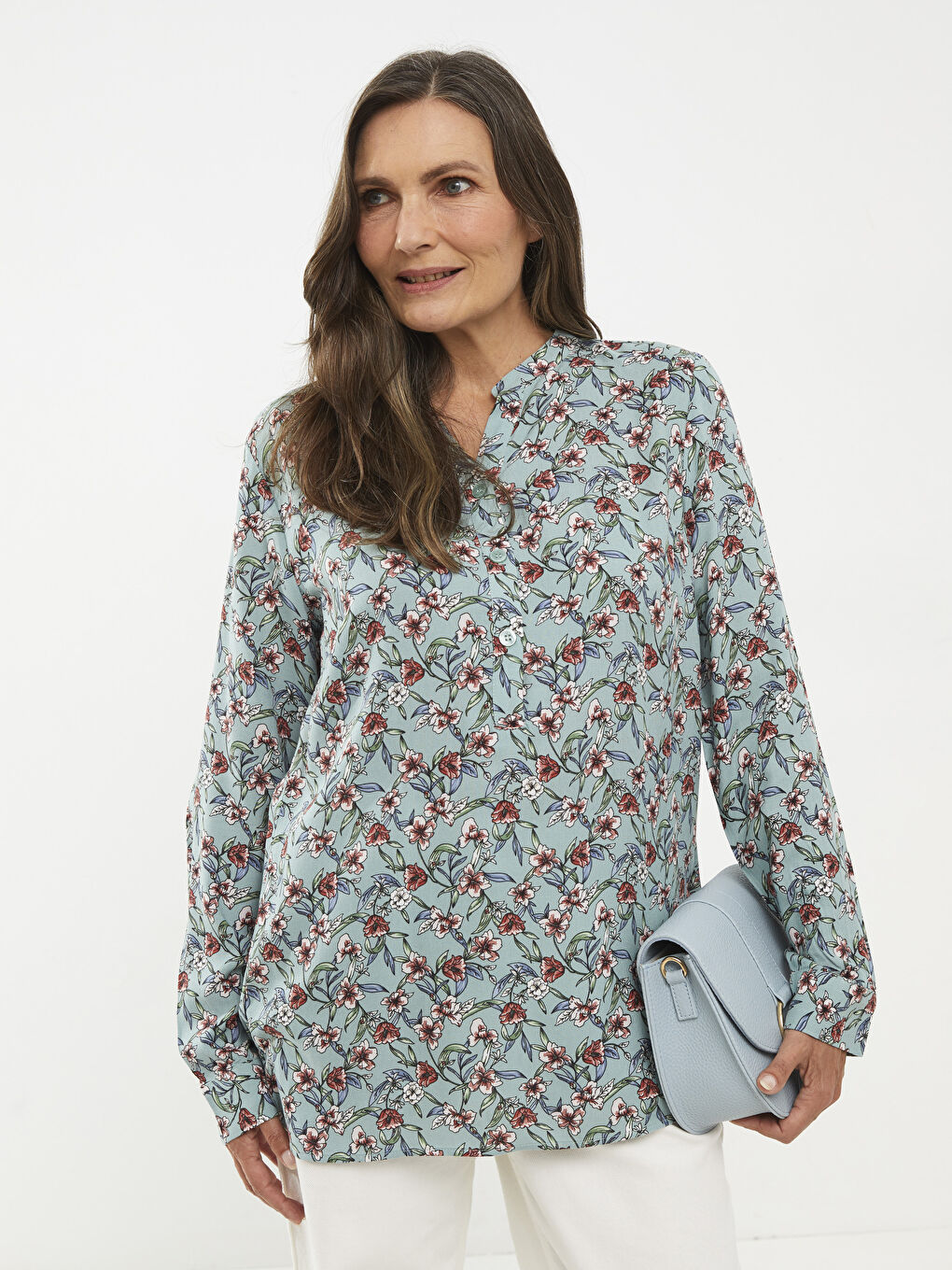 Encolure Henley Fleur Manches Longues Viscose Blouse pour Femmes-1