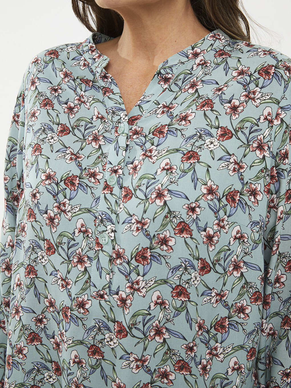 Encolure Henley Fleur Manches Longues Viscose Blouse pour Femmes-3