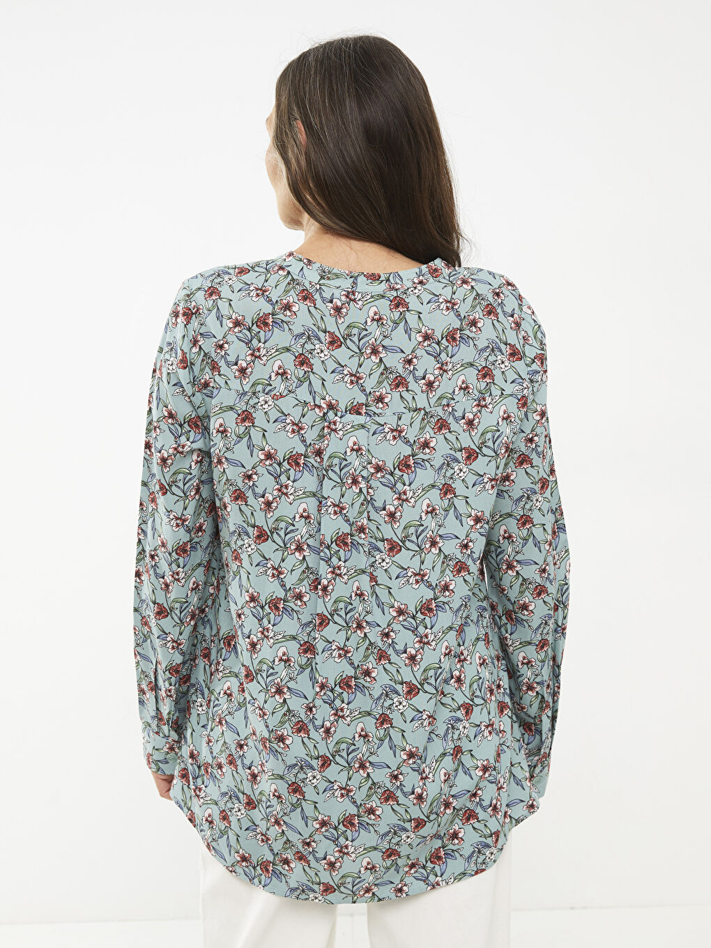 Encolure Henley Fleur Manches Longues Viscose Blouse pour Femmes-4