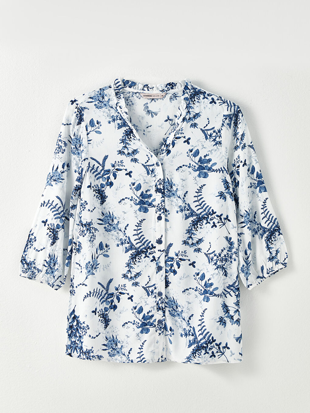 قميص نسائي فيسكوز بياقة بشق مطبوع بأكمام طويلة-5