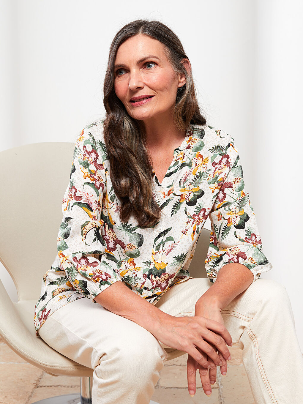 LCW Grace Henley Neckline Patterned Long Sleeve Viscose Women's Shirt -S2HG52Z8-LRA