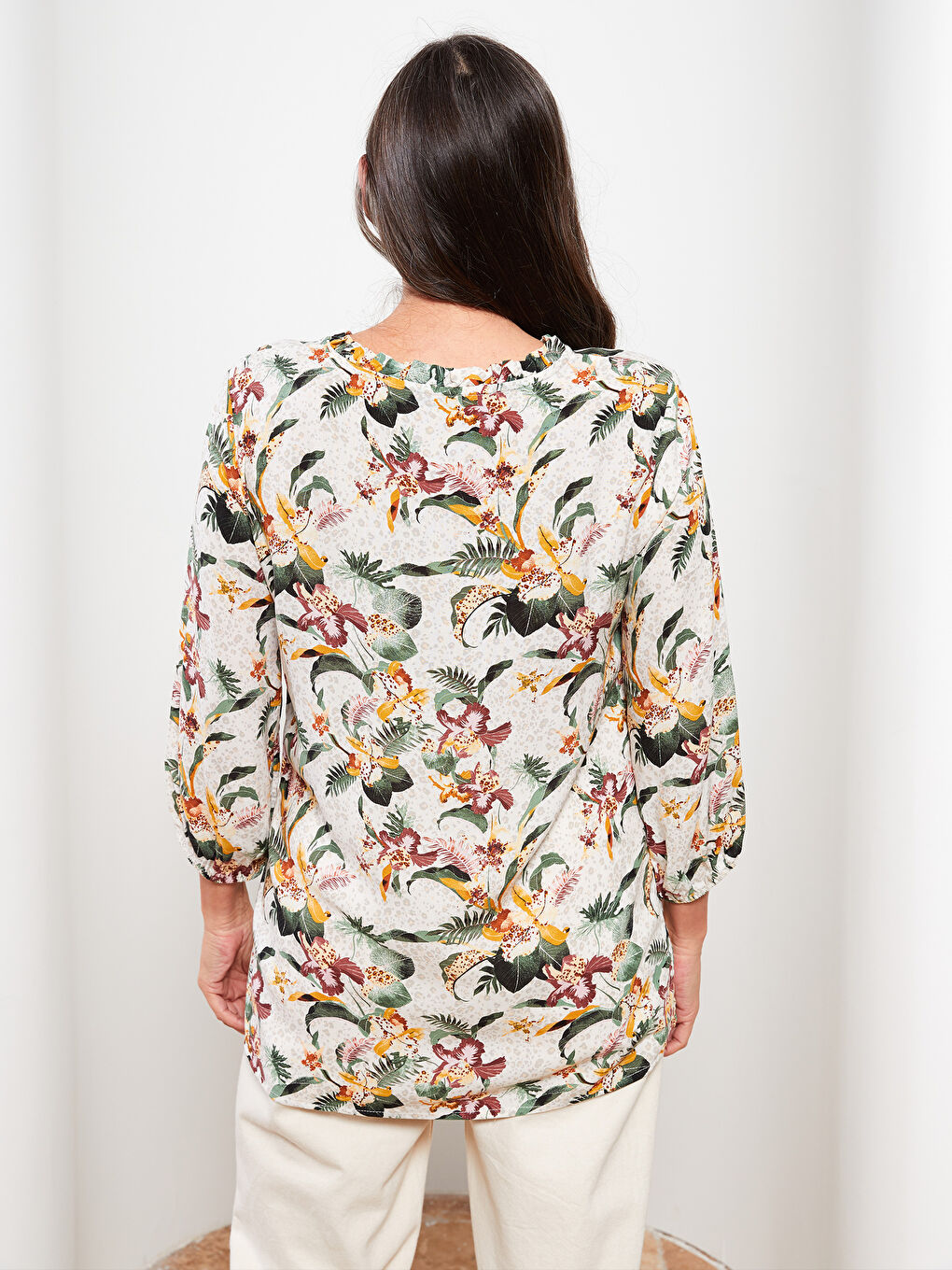 LCW Grace Henley Neckline Patterned Long Sleeve Viscose Women's Shirt -S2HG52Z8-LRA