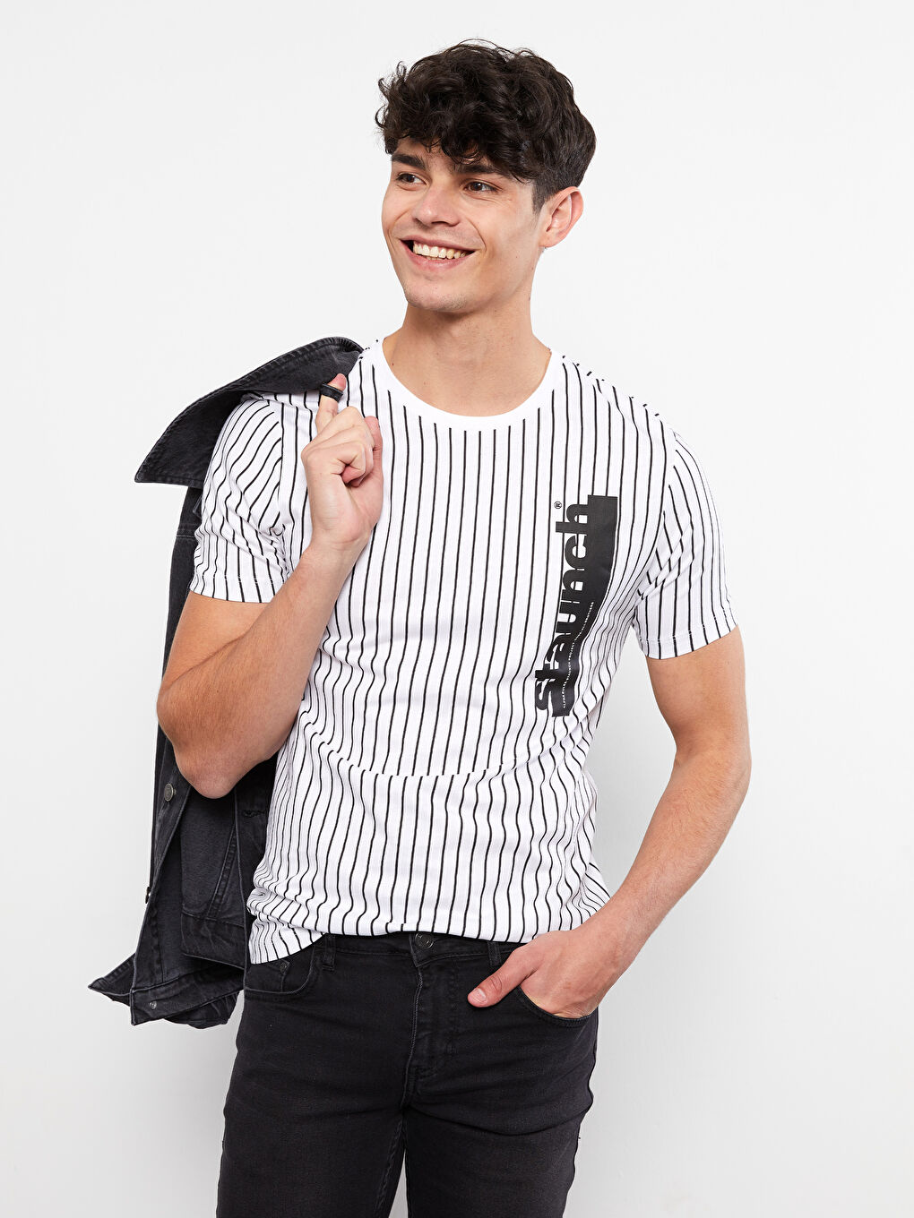 Beyaz Bisiklet Yaka Kısa Kollu Çizgili Penye Erkek Tişört-2