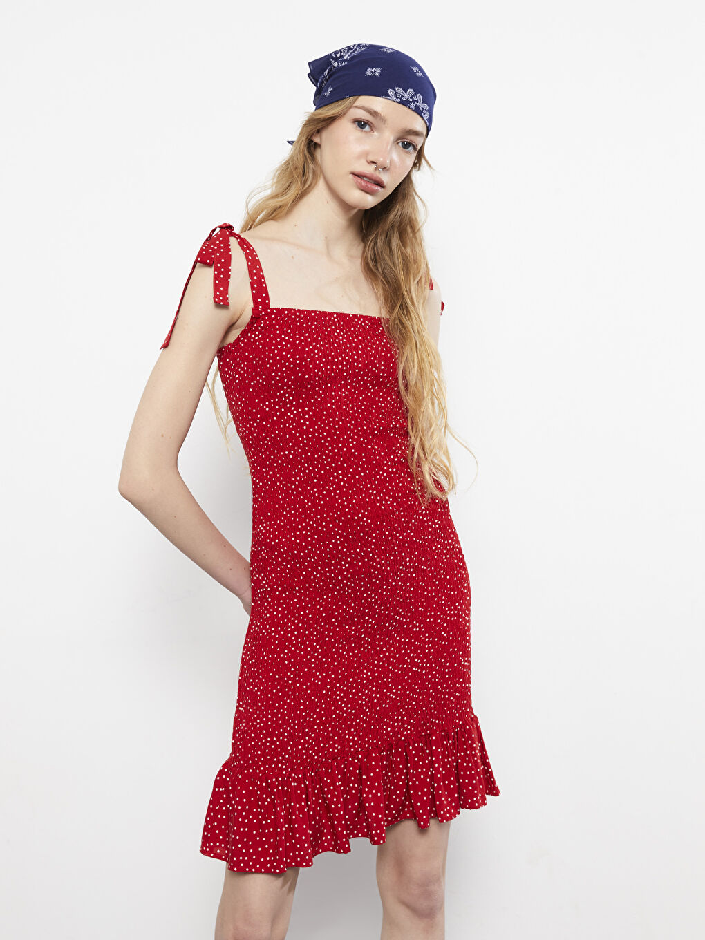 Kırmızı Kare Yaka Puantiyeli Askılı Kadın Bodycon Elbise-3