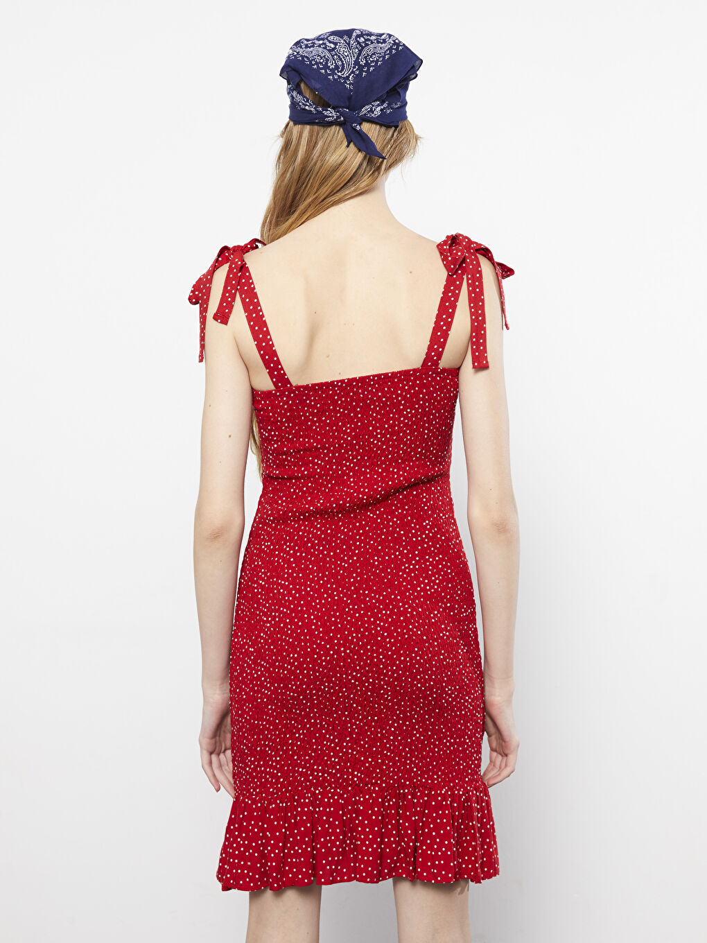 Kırmızı Kare Yaka Puantiyeli Askılı Kadın Bodycon Elbise-4