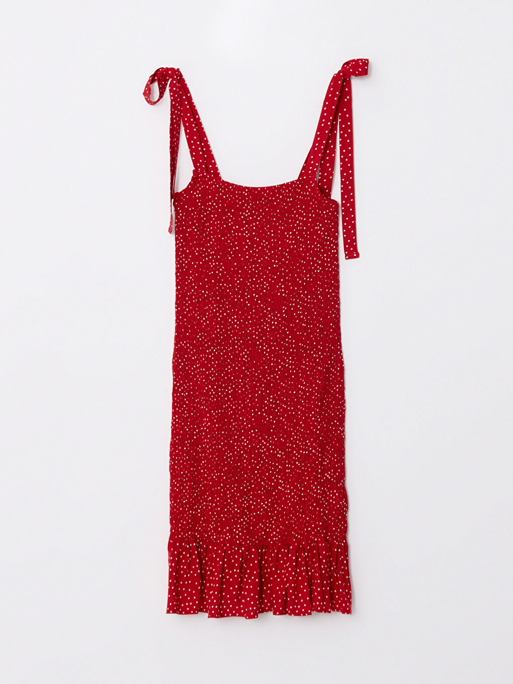 Kırmızı Kare Yaka Puantiyeli Askılı Kadın Bodycon Elbise-5