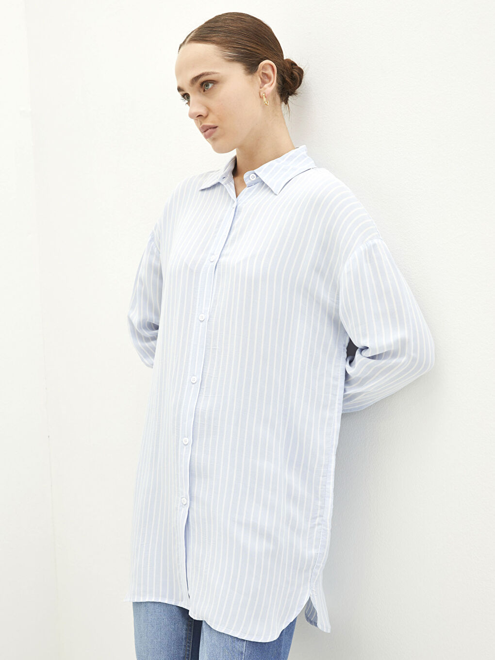 Mavi Çizgili Uzun Kollu Oversize Viskon Kadın Gömlek Tunik-1