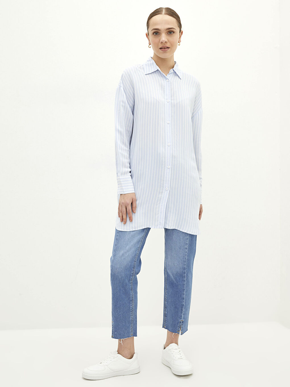Mavi Çizgili Uzun Kollu Oversize Viskon Kadın Gömlek Tunik-2