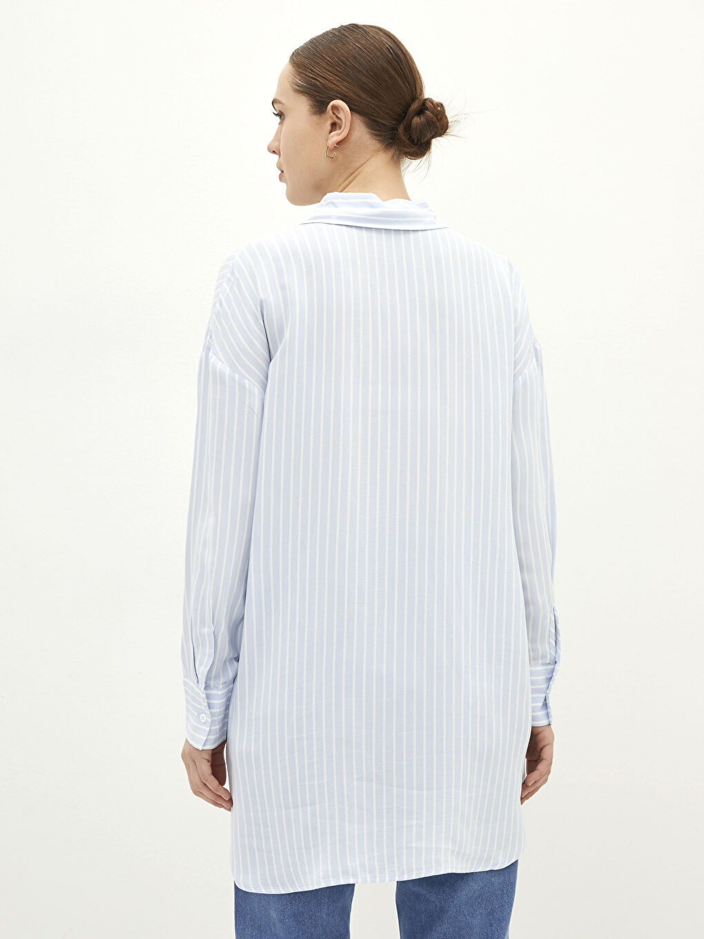 Mavi Çizgili Uzun Kollu Oversize Viskon Kadın Gömlek Tunik-4