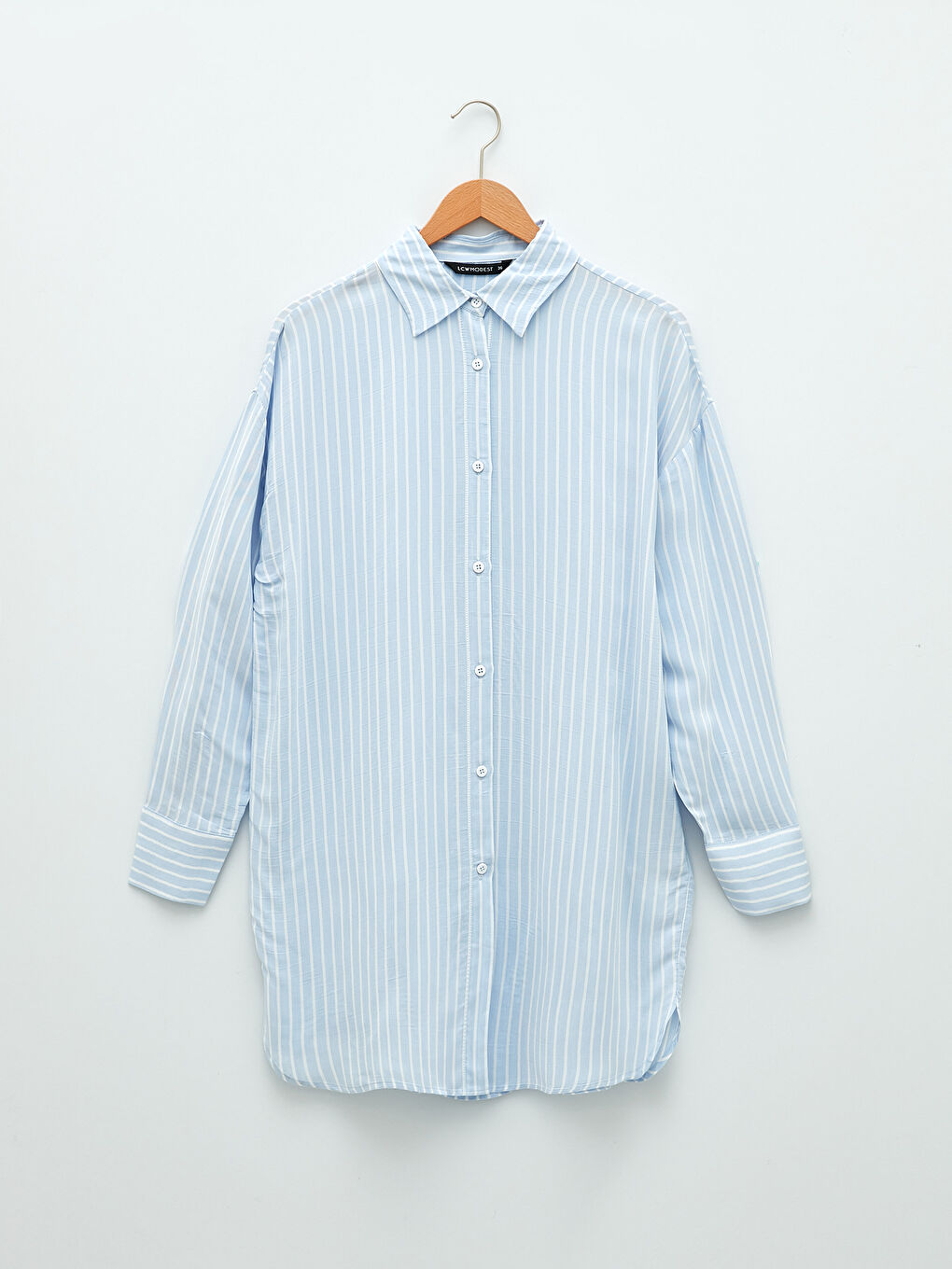 Mavi Çizgili Uzun Kollu Oversize Viskon Kadın Gömlek Tunik-5