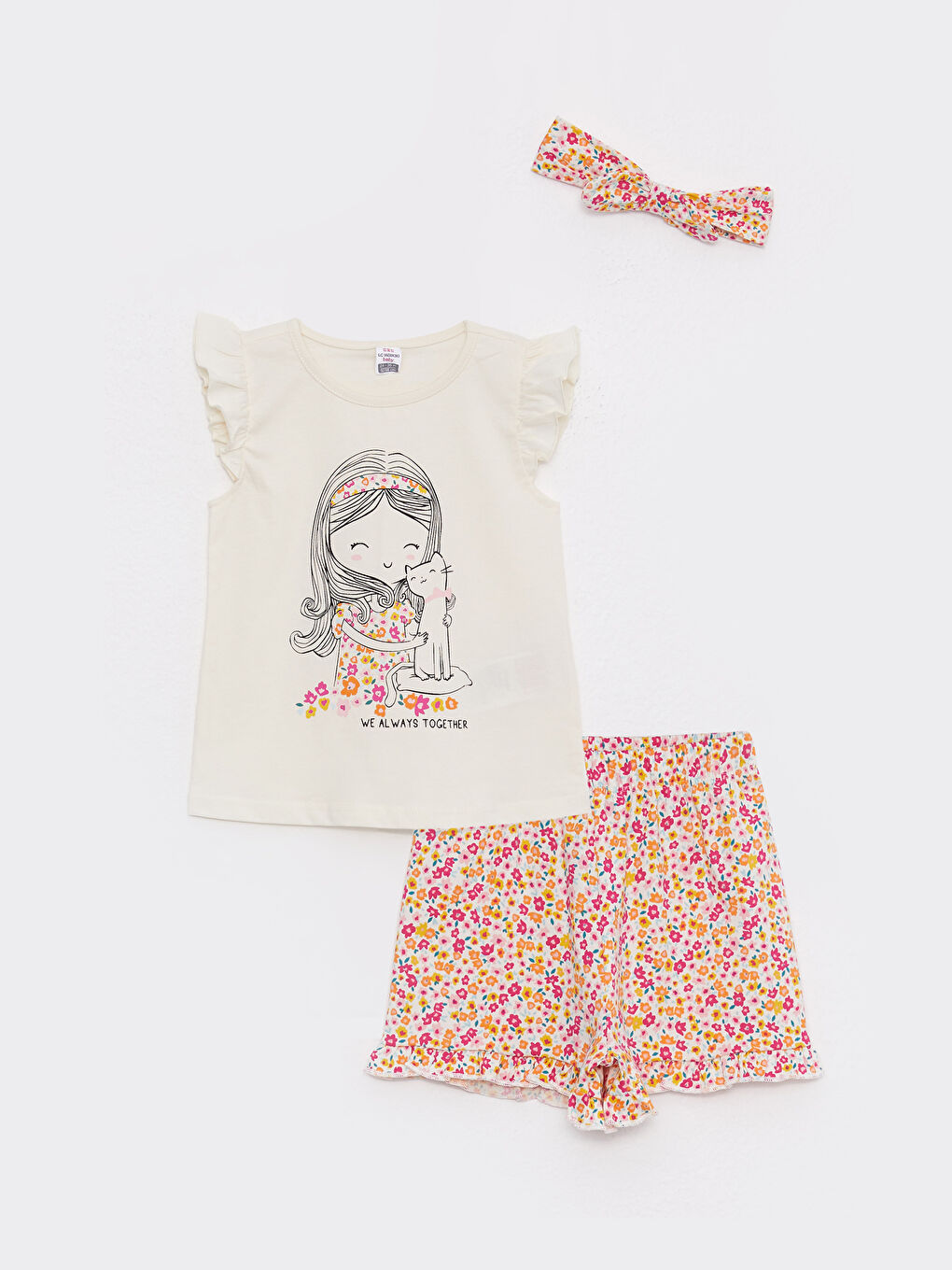 تيشيرت كم قصير ياقة دائرية مطبوع شورت وباند شعر قطن طقم ٣ قطع للبنات الرضع