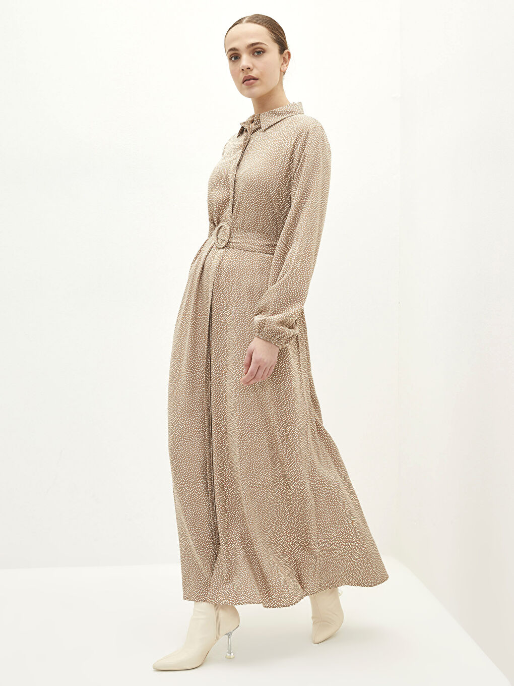 Košulja haljina sa tufnicama, dugim rukavima, od viskoze za žene-1