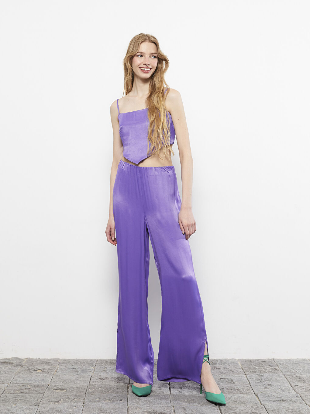 Mor Beli Lastikli Düz Saten Kadın Pantolon