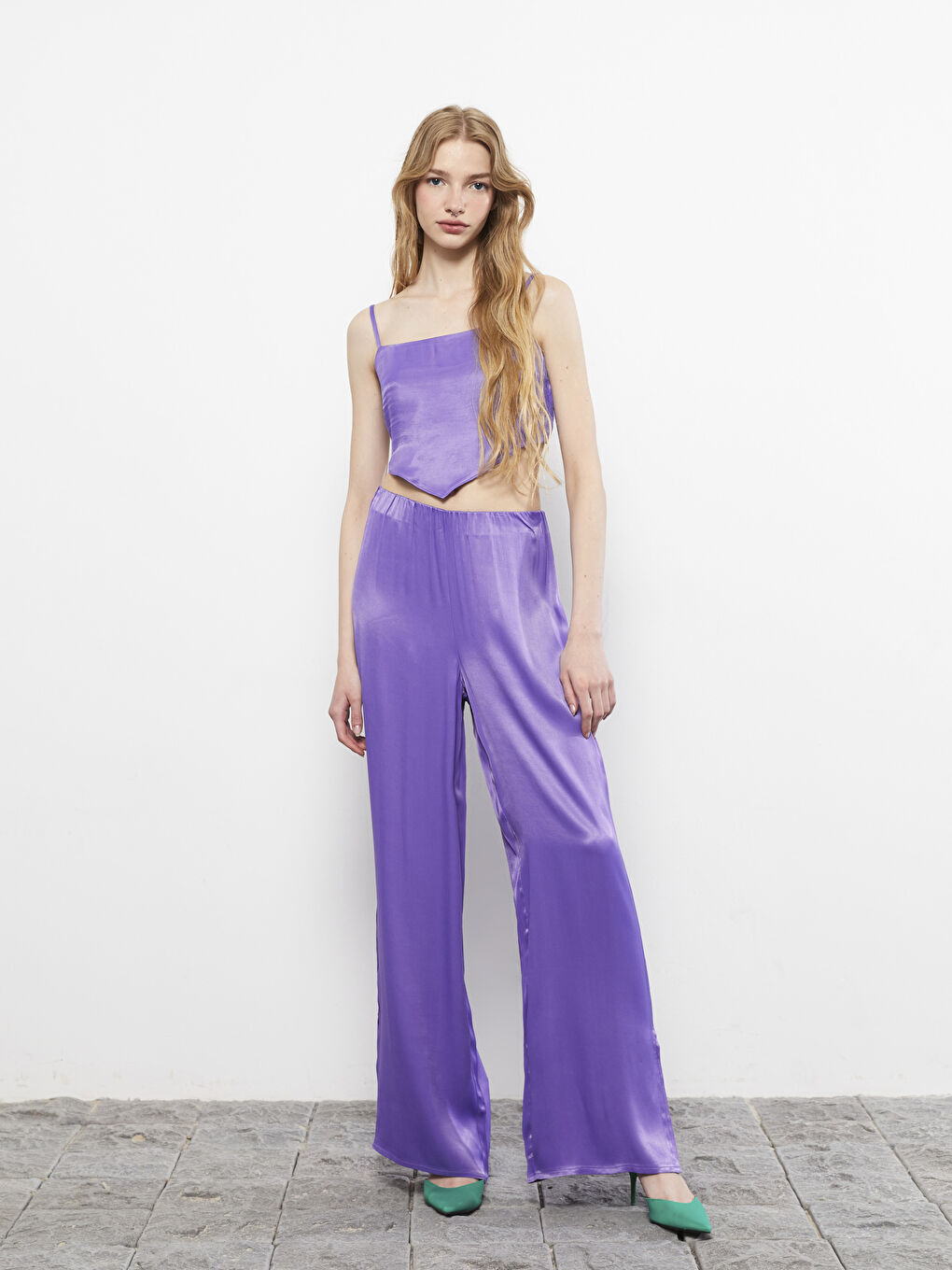 Mor Beli Lastikli Düz Saten Kadın Pantolon-1