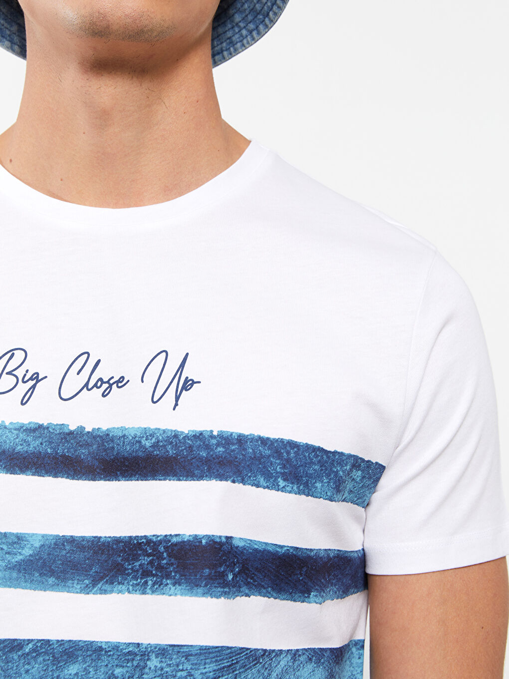 Beyaz Bisiklet Yaka Kısa Kollu Çizgili Penye Erkek Tişört-3