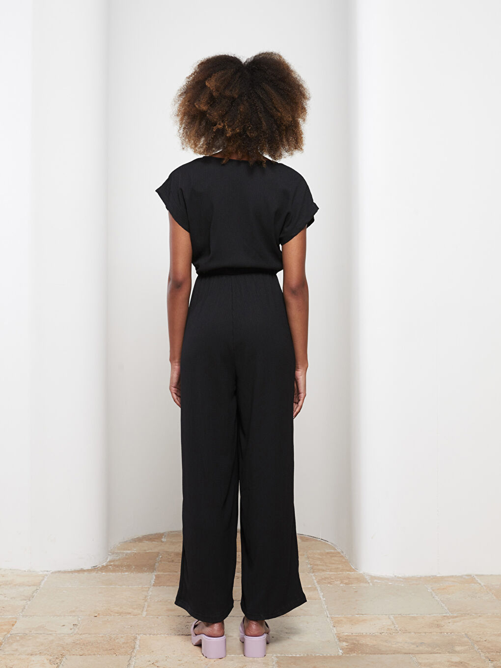 Double Breasted Plain Short Sleeve Women's Jumpsuit-4