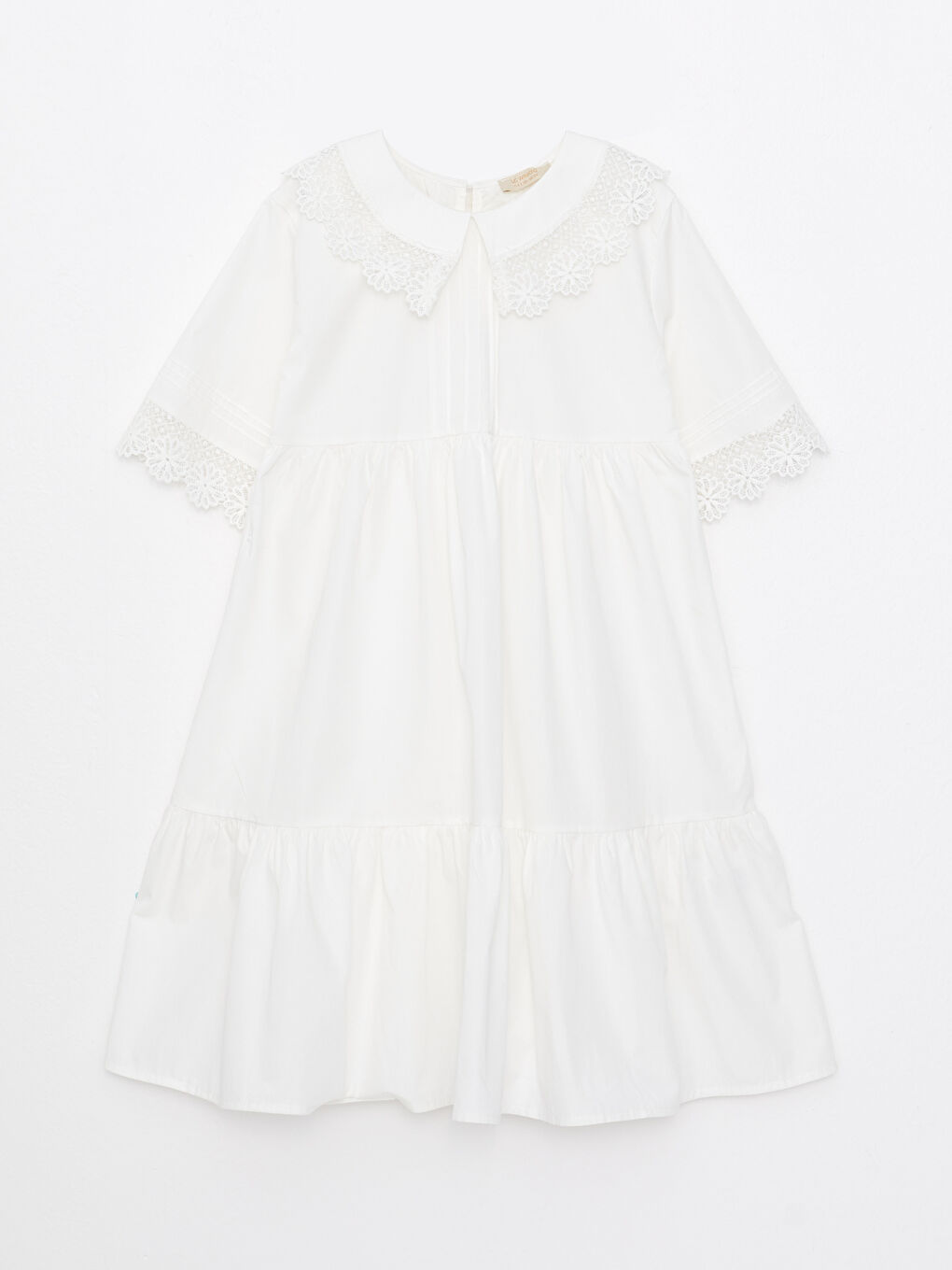 Платье для девочек из поплина с коротким рукавом и кружевными деталями на воротнике