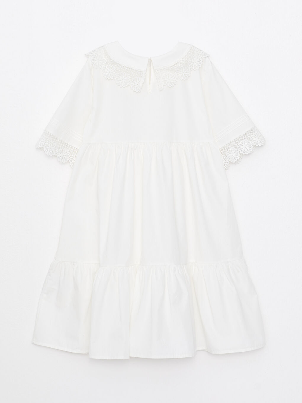 Платье для девочек из поплина с коротким рукавом и кружевными деталями на воротнике-1
