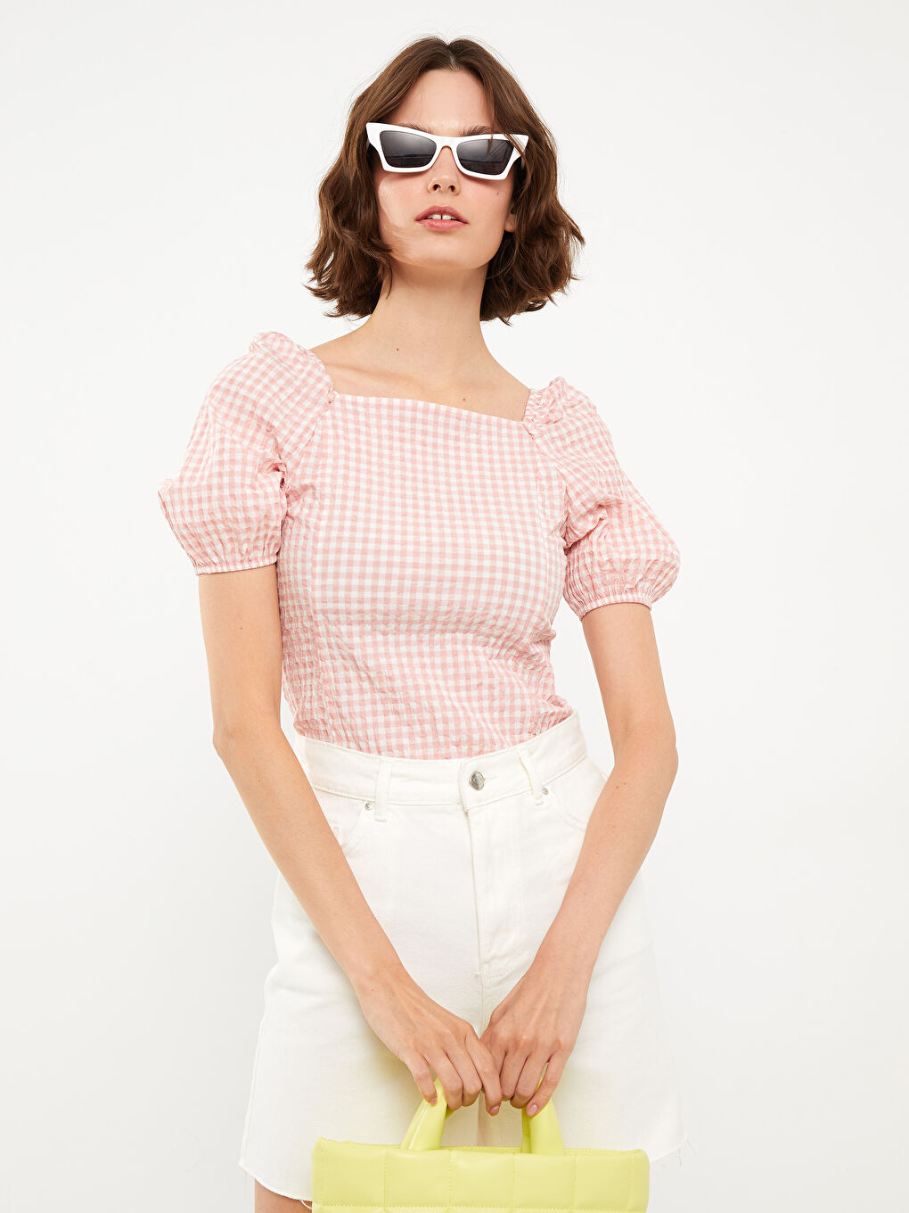 Pembe Kare Yaka Ekose Kısa Kollu Kadın Bluz-1