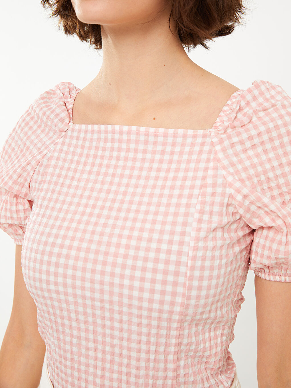 Pembe Kare Yaka Ekose Kısa Kollu Kadın Bluz-3