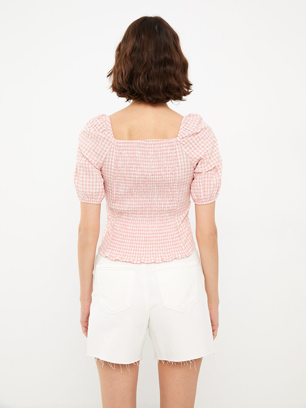 Pembe Kare Yaka Ekose Kısa Kollu Kadın Bluz-4