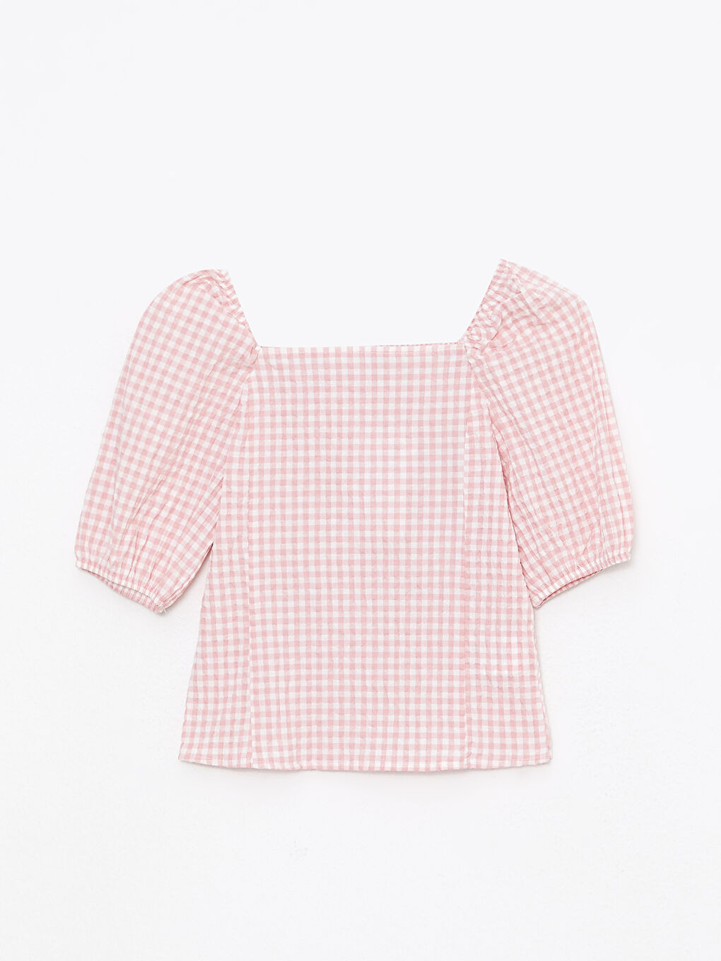 Pembe Kare Yaka Ekose Kısa Kollu Kadın Bluz-5