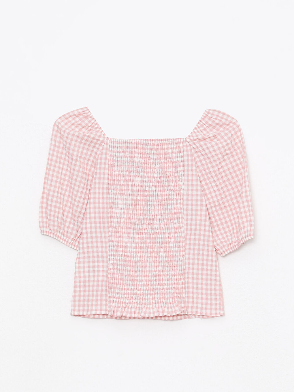 Pembe Kare Yaka Ekose Kısa Kollu Kadın Bluz-6